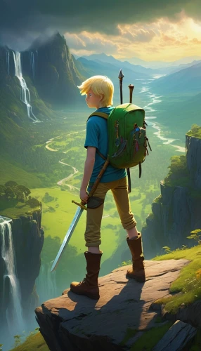 adventurer,the wanderer,wander,link,mountain guide,meteora,game illustration,wanderer,game art,traveler,heroic fantasy,explorer,adventure,fjord,a journey of discovery,bastion,concept art,world digital painting,rupees,hiker,Art,Classical Oil Painting,Classical Oil Painting 44