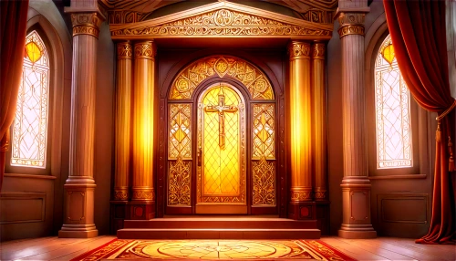 ornate room,the threshold of the house,the door,doorway,door,portal,church door,sanctuary,curtain,open door,the throne,tabernacle,doors,hall of the fallen,metallic door,theater curtain,ornate,baroque,throne,a curtain,Illustration,Japanese style,Japanese Style 07