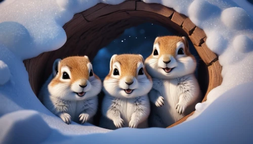 rabbit family,chinese tree chipmunks,winter animals,carolers,snow shelter,squirrels,carol singers,rabbits,christmas snowy background,winter background,hares,rabbits and hares,bunnies,rodentia icons,cute animals,three wise men,female hares,warm and cozy,christmas animals,pine family,Unique,3D,3D Character