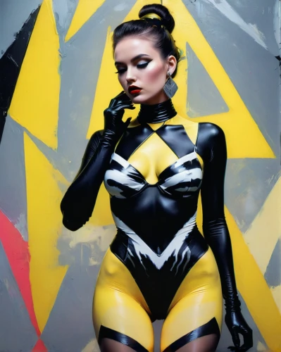 latex clothing,wasp,latex,bodypaint,xmen,neon body painting,x-men,x men,yellow and black,kryptarum-the bumble bee,wu,bodypainting,bumblebee,black yellow,body painting,bumble bee,catwoman,yellow wall,harlequin,harnessed,Conceptual Art,Fantasy,Fantasy 12