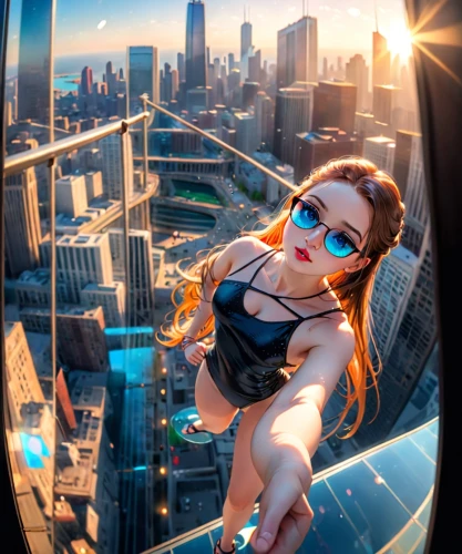 above the city,city ​​portrait,lensball,fish eye,gopro,travel woman,city view,observation deck,taking photo,skycraper,a girl with a camera,world travel,fisheye lens,vertigo,window to the world,cityscape,looking down,above,girl upside down,city life,Anime,Anime,Cartoon