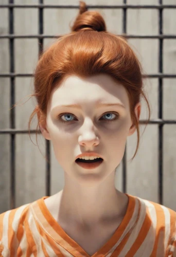 clementine,prisoner,the girl's face,cgi,orange,doll's facial features,character animation,mime,redhead doll,scared woman,orangina,lilian gish - female,chainlink,queen cage,scary woman,a wax dummy,porcelaine,render,natural cosmetic,clary,Photography,Natural