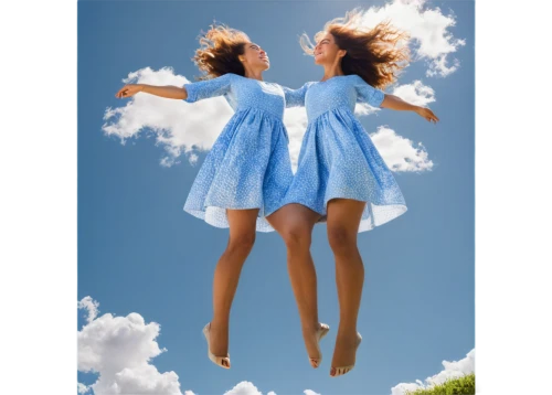 fairies aloft,flying dandelions,trampolining--equipment and supplies,image manipulation,sewing pattern girls,tandem jump,girl upside down,ballerinas,leap for joy,women's legs,trampolining,photos on clothes line,pictures on clothes line,leg dresses,photoshop manipulation,flying girl,mini-dresses,two girls,tandem skydiving,photo manipulation,Conceptual Art,Daily,Daily 26