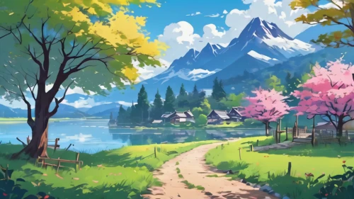 landscape background,springtime background,spring background,autumn mountains,mountain scene,mountain landscape,autumn landscape,nature landscape,fall landscape,mountains,autumn scenery,spring morning,forest landscape,idyllic,autumn background,landscape nature,beautiful landscape,japanese sakura background,forest background,world digital painting,Illustration,Japanese style,Japanese Style 06