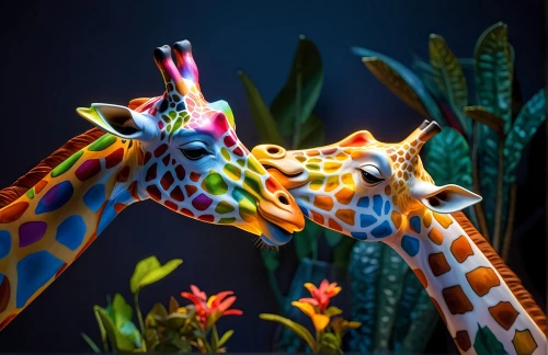 whimsical animals,giraffe plush toy,two giraffes,giraffes,giraffidae,giraffe,flower animal,tropical animals,anthropomorphized animals,straw animal,exotic animals,giraffe head,animal balloons,neon body painting,body painting,scandia animals,wildlife,lawn ornament,fauna,circus animal