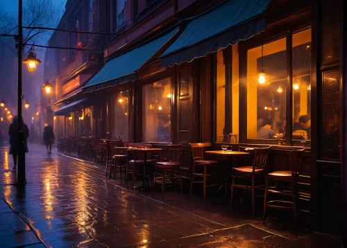 paris cafe,rain bar,evening atmosphere,walking in the rain,rainy,new york restaurant,rainy day,bistrot,man with umbrella,blue hour,in the rain,street cafe,drizzle,parisian coffee,rainy weather,rainstorm,light rain,lamplighter,montmartre,atmospheric,Illustration,Japanese style,Japanese Style 21