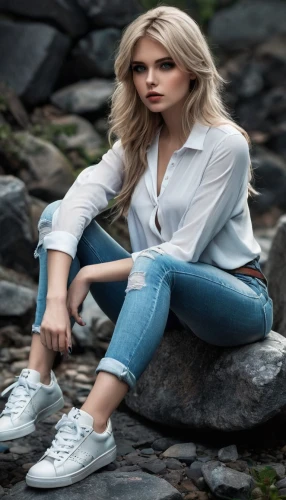white boots,social,denim,jeans background,the blonde in the river,vans,female model,silver,rock beauty,cool blonde,menswear for women,puma,silvery,blue shoes,perched on a log,denim jeans,jeans,silvery blue,garanaalvisser,blonde woman,Conceptual Art,Fantasy,Fantasy 34