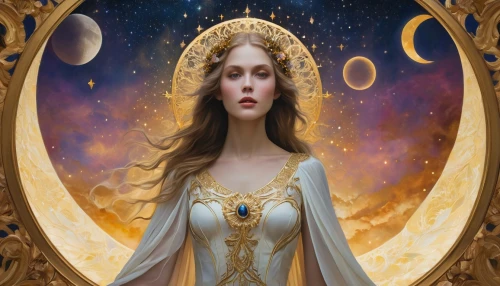priestess,zodiac sign libra,libra,queen of the night,sorceress,star mother,mary-gold,fantasy portrait,golden crown,zodiac sign gemini,virgo,andromeda,venus,golden wreath,the prophet mary,the enchantress,fantasy art,moon phase,mystical portrait of a girl,goddess of justice,Illustration,Realistic Fantasy,Realistic Fantasy 09