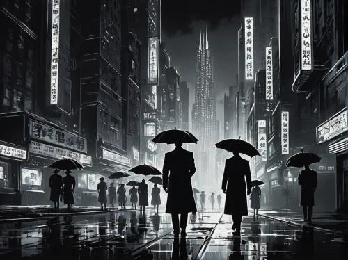 film noir,walking in the rain,man with umbrella,black city,umbrellas,shinjuku,sci fiction illustration,ginza,world digital painting,shibuya,cyberpunk,japanese umbrellas,pedestrian,tokyo,pedestrians,cities,tokyo city,hong kong,parasols,kowloon,Photography,Black and white photography,Black and White Photography 08