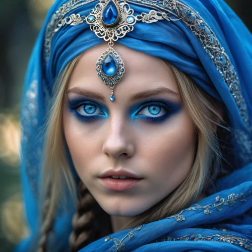 blue enchantress,blue eyes,priestess,the blue eye,cobalt blue,blue eye,sapphire,cleopatra,sorceress,mystical portrait of a girl,regard,ukrainian,ojos azules,elsa,blue moon rose,elven,faery,warrior woman,blue peacock,violet head elf,Photography,General,Realistic