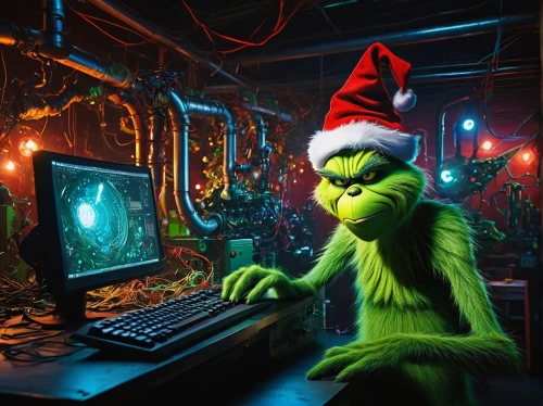 grinch,cyber crime,cyber monday social media post,cyber monday,computer freak,cybercrime,cybersecurity,kermit,man with a computer,sysadmin,night administrator,cyber security,christmas messenger,elf,black friday social media post,hacking,christmasbackground,christmas movie,hacker,hardware programmer,Illustration,Realistic Fantasy,Realistic Fantasy 34