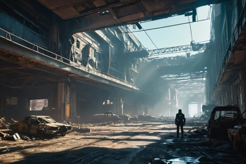abandoned factory,empty factory,industrial ruin,destroyed city,post apocalyptic,fallout4,industrial hall,factory hall,post-apocalyptic landscape,lost place,warsaw uprising,destroyed area,factories,wasteland,derelict,warehouse,scrapyard,gunkanjima,post-apocalypse,old factory,Illustration,Retro,Retro 06