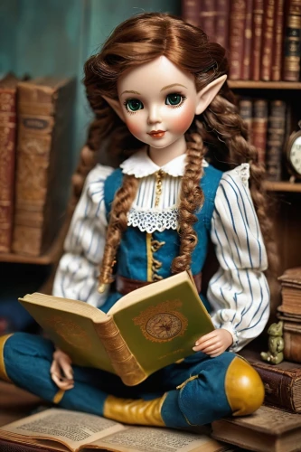little girl reading,fairy tale character,children's fairy tale,female doll,child with a book,girl studying,bookworm,fairytale characters,librarian,magic book,fairy tales,book antique,child's diary,a collection of short stories for children,handmade doll,fantasy portrait,painter doll,alice,fantasy girl,fairy tale,Illustration,Realistic Fantasy,Realistic Fantasy 10