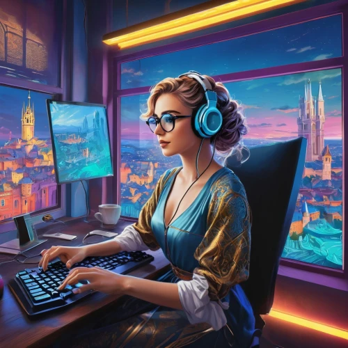 girl at the computer,night administrator,world digital painting,cyberpunk,lan,women in technology,game illustration,gamer,computer addiction,girl studying,operator,computer game,pc,gaming,computer freak,sci fiction illustration,librarian,computer,computer business,woman playing,Illustration,Realistic Fantasy,Realistic Fantasy 42