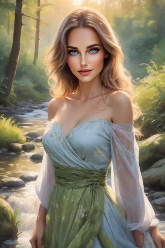 the blonde in the river,celtic woman,girl on the river,fantasy portrait,fantasy picture,world digital painting,jessamine,faerie,fantasy art,celtic queen,romantic portrait,fantasy woman,faery,portrait background,landscape background,mystical portrait of a girl,fae,fairy tale character,dryad,forest background,Photography,Realistic