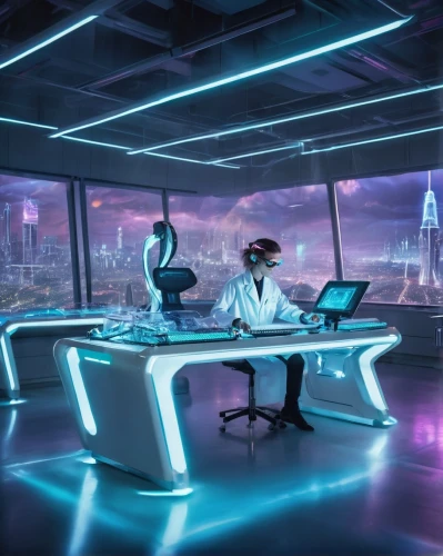 sci fi surgery room,computer desk,computer room,modern office,neon human resources,computer workstation,apple desk,ufo interior,cyberpunk,blur office background,creative office,futuristic,working space,sky space concept,desk,lures and buy new desktop,futuristic landscape,research station,cyber glasses,secretary desk,Illustration,Realistic Fantasy,Realistic Fantasy 02
