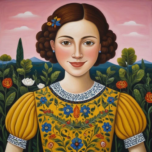 portrait of a girl,frida,portrait of a woman,rosa bonita,girl in flowers,girl in the garden,khokhloma painting,elizabeth nesbit,arroyo,adelita,girl with bread-and-butter,woman holding pie,girl in a wreath,young woman,barbara millicent roberts,portrait of christi,girl picking flowers,rosa curly,bibernell rose,marguerite,Illustration,Abstract Fantasy,Abstract Fantasy 12