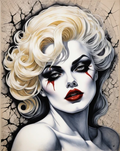 marilyn,marylyn monroe - female,painted lady,marylin monroe,harley,cruella de ville,chalk drawing,vampira,harley quinn,pierrot,watercolor pin up,queen of hearts,madonna,widow,pin ups,vampire lady,femme fatale,vampire woman,gothic portrait,widow spider,Illustration,Abstract Fantasy,Abstract Fantasy 05