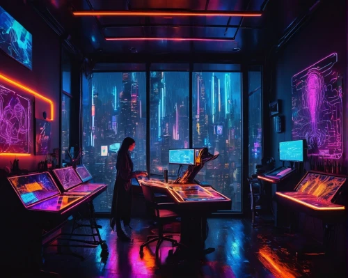 cyberpunk,computer room,the server room,cyber,sci fi surgery room,study room,game room,neon coffee,ufo interior,modern office,control center,cyberspace,scifi,blue room,working space,futuristic,sci-fi,sci - fi,computer,creative office,Illustration,Realistic Fantasy,Realistic Fantasy 37
