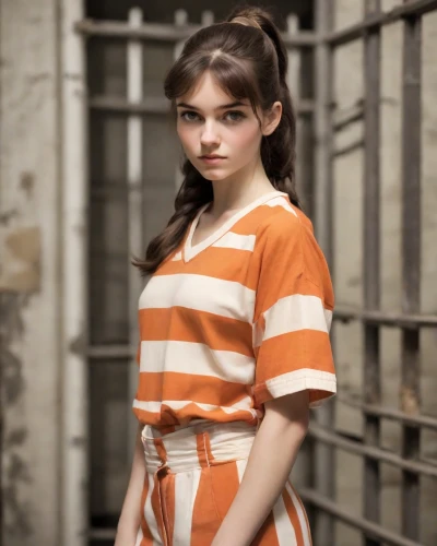clementine,prisoner,horizontal stripes,liberty cotton,striped background,girl in a historic way,detention,orange,clove,prison,auschwitz 1,vintage girl,orange robes,baby doll,tiger lily,child girl,orange color,young model istanbul,auschwitz,stripes,Photography,Natural