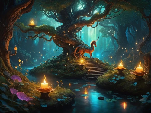 enchanted forest,fantasy picture,fairy forest,elven forest,magic tree,fantasy landscape,druid grove,fantasy art,fairytale forest,fairy village,forest of dreams,fairy world,the mystical path,3d fantasy,enchanted,holy forest,mushroom landscape,tree of life,fantasia,haunted forest,Illustration,Realistic Fantasy,Realistic Fantasy 25