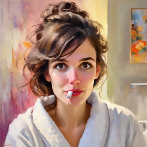 painting technique,girl portrait,girl with cereal bowl,oil painting,girl with cloth,portrait of a girl,painter,audrey,artist portrait,painting,photo painting,italian painter,girl studying,oil painting on canvas,young woman,romantic portrait,digital painting,girl in cloth,art painting,bathrobe,Digital Art,Impressionism