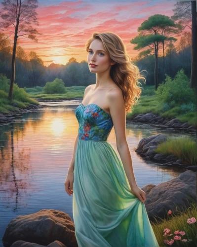 girl on the river,the blonde in the river,girl in a long dress,romantic portrait,fantasy picture,landscape background,fantasy art,oil painting on canvas,celtic woman,oil painting,water nymph,fantasy portrait,art painting,mystical portrait of a girl,young woman,girl with tree,enchanting,world digital painting,emile vernon,river landscape,Conceptual Art,Daily,Daily 26