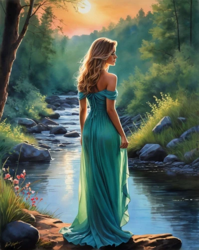 girl on the river,celtic woman,girl in a long dress,water nymph,oil painting on canvas,fantasy picture,the blonde in the river,landscape background,world digital painting,oil painting,girl in a long dress from the back,mermaid background,art painting,photo painting,fantasy art,romantic portrait,jessamine,woman at the well,mother earth,mystical portrait of a girl,Illustration,Black and White,Black and White 31