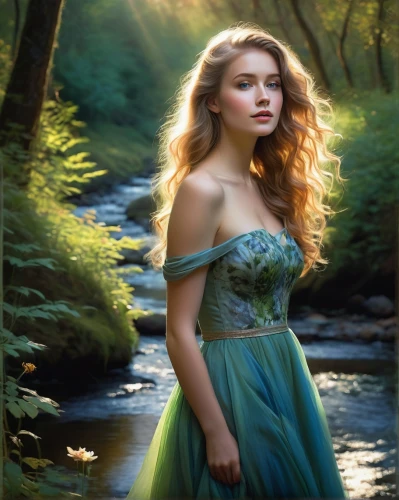 celtic woman,the blonde in the river,fantasy picture,girl on the river,fantasy portrait,faerie,world digital painting,fantasy art,mystical portrait of a girl,faery,enchanting,water nymph,romantic portrait,girl in a long dress,young woman,fairy queen,photo painting,celtic queen,jessamine,landscape background,Illustration,Realistic Fantasy,Realistic Fantasy 16