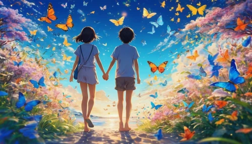 butterfly background,butterflies,studio ghibli,chasing butterflies,butterfly day,芦ﾉ湖,ulysses butterfly,white butterflies,butterfly effect,falling flowers,flower background,everlasting flowers,girl and boy outdoor,forget-me-not,dream world,forest of dreams,passion butterfly,sky butterfly,sea of flowers,together,Illustration,Japanese style,Japanese Style 04