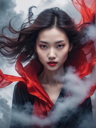 mystical portrait of a girl,red smoke,vampire woman,scarlet witch,mulan,world digital painting,red cape,little girl in wind,fantasy portrait,vampire lady,korean drama,photo manipulation,geisha,photoshop manipulation,red lantern,red coat,portrait background,photomanipulation,fall from the clouds,red riding hood,Photography,Artistic Photography,Artistic Photography 03