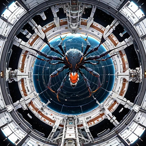 spider network,orbital,tarantula,space station,little planet,sci - fi,sci-fi,nautilus,macroperspective,spherical image,cyclocomputer,apiarium,crab violinist,radial,sci fi,360 °,glass sphere,the center of symmetry,portal,crab 1,Anime,Anime,General
