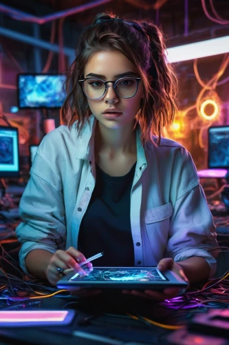 girl at the computer,women in technology,cyberpunk,cyber glasses,computer addiction,girl studying,computer freak,computer science,sci fiction illustration,librarian,computer code,neon human resources,cyber,night administrator,computer art,computer business,computer,computer game,computer program,electronics,Conceptual Art,Fantasy,Fantasy 16