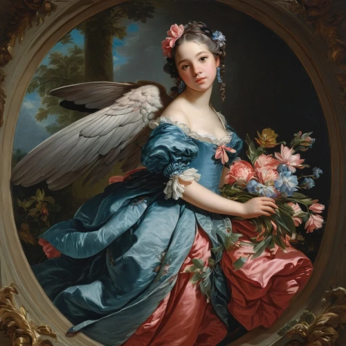 baroque angel,rococo,floral and bird frame,the angel with the veronica veil,portrait of a girl,portrait of a woman,girl in a wreath,rosella,floral ornament,woman holding pie,girl in flowers,wreath of flowers,bougereau,blue birds and blossom,la violetta,flora,with a bouquet of flowers,angelica,doves of peace,la nascita di venere,Art,Classical Oil Painting,Classical Oil Painting 36