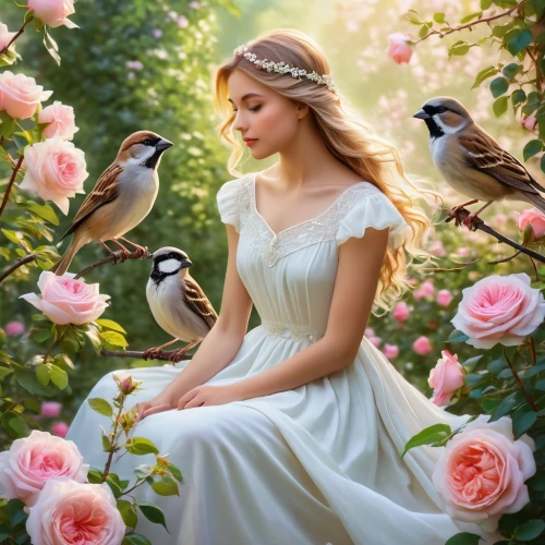 fantasy picture,flower and bird illustration,doves of peace,dove of peace,splendor of flowers,beautiful girl with flowers,celtic woman,songbirds,enchanting,romantic portrait,faery,fairy tale character,jessamine,bird kingdom,fairy tale,girl in flowers,a fairy tale,fairy queen,fantasy art,scent of roses,Photography,General,Realistic