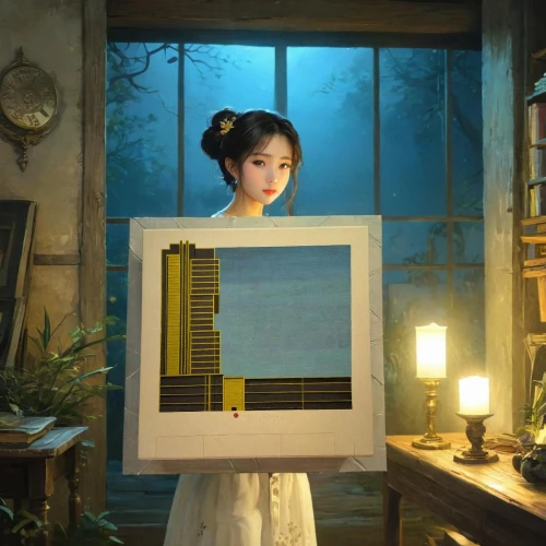 girl at the computer,mystical portrait of a girl,studio ghibli,girl studying,computer art,child with a book,little girl reading,holding a frame,geisha,japanese art,illuminated lantern,chinese art,librarian,lantern,painting technique,fantasy portrait,geisha girl,pencil frame,computer,meticulous painting