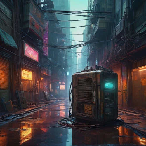 cyberpunk,alleyway,transistor,alley,world digital painting,cybertruck,dystopian,kowloon,courier box,rescue alley,transistor checking,slum,concept art,dystopia,kowloon city,container,cityscape,weather-beaten,blind alley,narrow street,Conceptual Art,Daily,Daily 15