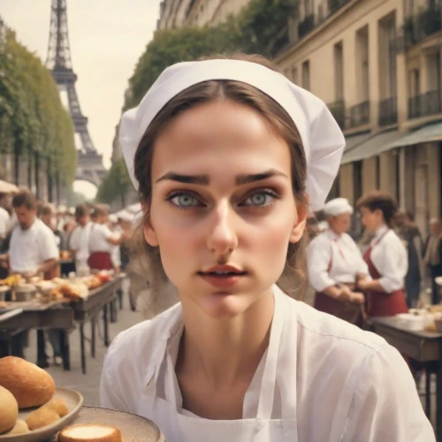 girl with bread-and-butter,parisian coffee,waitress,paris cafe,french coffee,woman holding pie,woman at cafe,french culture,girl in the kitchen,paris-brest,french food,woman drinking coffee,beret,girl in a historic way,bakery,café au lait,paris,viennoiserie,pâtisserie,french digital background,Photography,Analog