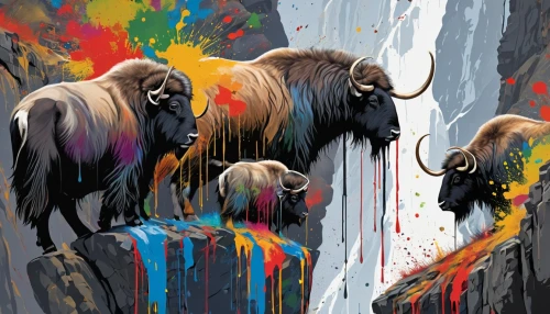 buffalo herd,herd of goats,bison,mountain cows,horned cows,ruminants,domestic goats,oxen,yak,buffalos,buffaloes,buffalo,buffalo herder,muskox,feral goat,wildebeest,livestock,aurochs,oryx,the herd,Conceptual Art,Graffiti Art,Graffiti Art 08