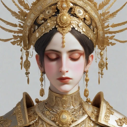 amano,golden crown,gold crown,mary-gold,golden wreath,gold leaf,emperor,priestess,gold jewelry,fantasy portrait,golden mask,chinese art,gold mask,headpiece,gold foil crown,baroque angel,imperial crown,the angel with the veronica veil,diadem,oriental princess,Photography,Realistic