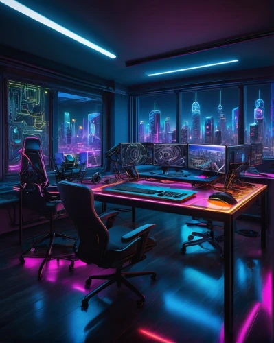 computer room,cyberpunk,neon human resources,modern office,blur office background,creative office,computer desk,desk,study room,working space,office desk,game room,boardroom,conference room,secretary desk,neon light,offices,neon,neon lights,ufo interior,Illustration,Paper based,Paper Based 03