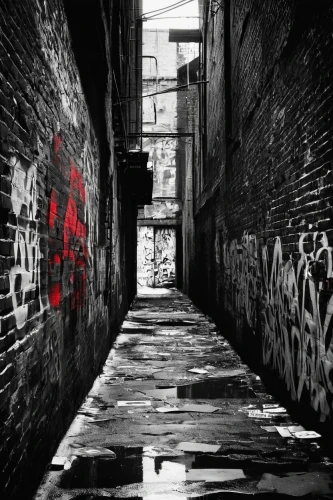 alleyway,alley,blind alley,old linden alley,graffiti,laneway,graffiti art,urban,alley cat,derelict,urban street art,abandon,urban art,dead end,passage,slum,urbex,lost place,red wall,narrow street,Photography,Black and white photography,Black and White Photography 08