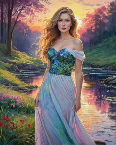 girl on the river,the blonde in the river,girl in a long dress,celtic woman,oil painting on canvas,romantic portrait,oil painting,fantasy picture,landscape background,water nymph,girl in flowers,fantasy portrait,fantasy art,young woman,springtime background,girl in the garden,art painting,mystical portrait of a girl,meadow in pastel,rusalka,Conceptual Art,Daily,Daily 31