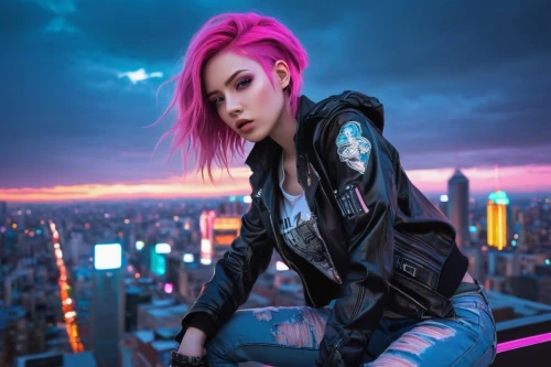 cyberpunk,punk,sky rose,above the city,pink hair,punk design,electro,streampunk,top of the rock,pink dawn,birds of prey-night,dusk background,renegade,futuristic,poison,mohawk,pink background,harley,on the roof,cyborg,Illustration,Paper based,Paper Based 16
