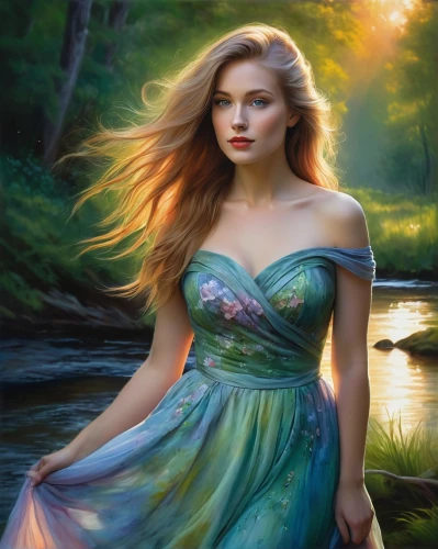 celtic woman,the blonde in the river,girl on the river,fantasy picture,faerie,fantasy art,faery,fantasy portrait,water nymph,girl in a long dress,mystical portrait of a girl,fairy queen,enchanting,world digital painting,romantic portrait,fantasy woman,the enchantress,landscape background,celtic queen,fairy tale character,Conceptual Art,Daily,Daily 32