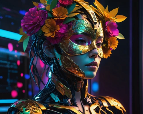 masquerade,neon body painting,valerian,girl in flowers,flora,golden flowers,gold mask,bodypaint,cyberpunk,golden mask,face paint,beautiful girl with flowers,colorful floral,retro flowers,cyborg,gold flower,symetra,flower gold,nebula guardian,mantis,Photography,Artistic Photography,Artistic Photography 08