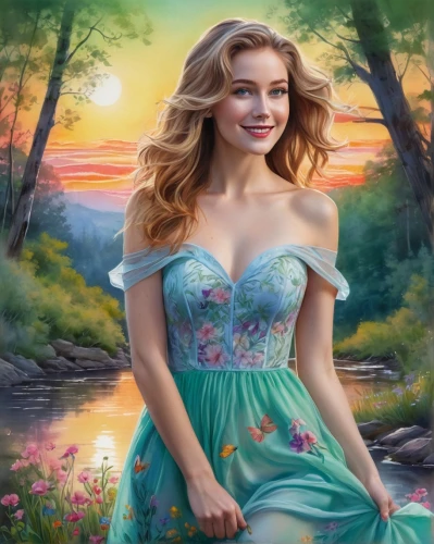 celtic woman,fantasy picture,the blonde in the river,fairy tale character,fantasy art,fantasy portrait,springtime background,cinderella,landscape background,girl on the river,emile vernon,girl in flowers,rapunzel,princess anna,world digital painting,fantasy woman,romantic portrait,portrait background,jessamine,art painting,Illustration,Abstract Fantasy,Abstract Fantasy 13