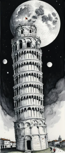tower of babel,pisa,italy colosseum,baron munchausen,pisa tower,leaning tower of pisa,panopticon,costa concordia,hindenburg,timballo,ghost castle,white tower,apollo 11,moon base alpha-1,moon landing,watchtower,watertower,torre,moon car,castle of the corvin,Illustration,Black and White,Black and White 13