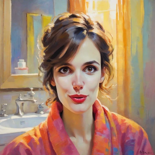 oil painting,oil painting on canvas,romantic portrait,woman portrait,girl portrait,bathrobe,portrait of a girl,girl with cloth,italian painter,girl in the kitchen,face portrait,photo painting,young woman,girl in cloth,art painting,painting technique,world digital painting,digital painting,girl with cereal bowl,oil on canvas,Digital Art,Impressionism
