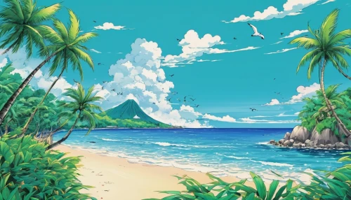 beach scenery,beach landscape,dream beach,tropical beach,tropical sea,honolulu,ocean background,an island far away landscape,summer background,tropics,mountain beach,tropical island,ocean paradise,paradise beach,landscape background,beach background,palmtrees,coconut trees,beautiful beach,isle,Illustration,Japanese style,Japanese Style 04